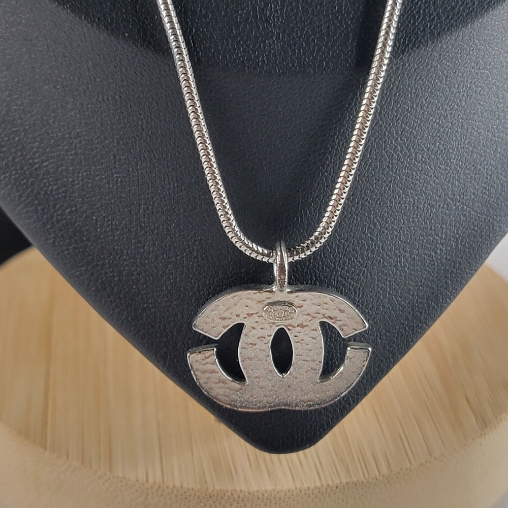 CHANEL CC Logo Rhinestone Silver Tone Necklace - Picture 5 of 10